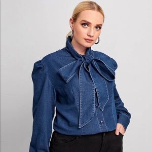 Plus Bow Tie Denim Blouse